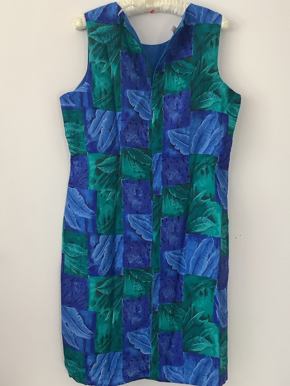 Sleeveless Blue & Teal Leaf-Print Silk Midi Dress